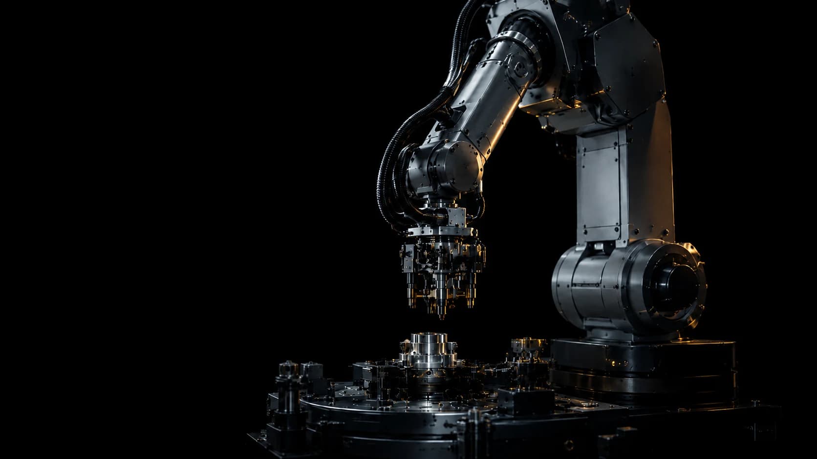 Dunkle robotergestützte Automatisierungszelle als fiktives VORQON Referenzmotiv